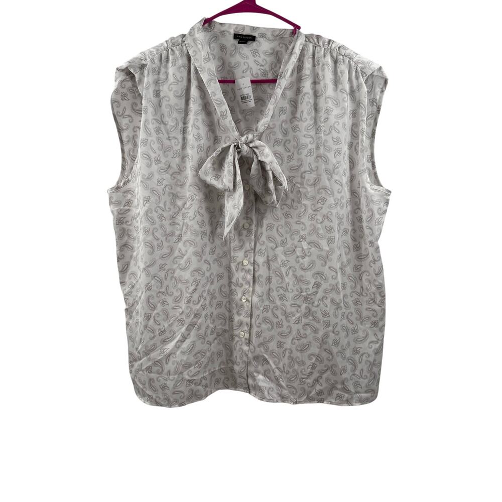 Ann Taylor Top Size Large Paisley Tie Neck Blouse Button NWT Satin Shoulder Pads